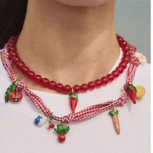 Zara Fancy Fruit Gingham 2 layer Fashion Necklace🍒ZARA NWOT